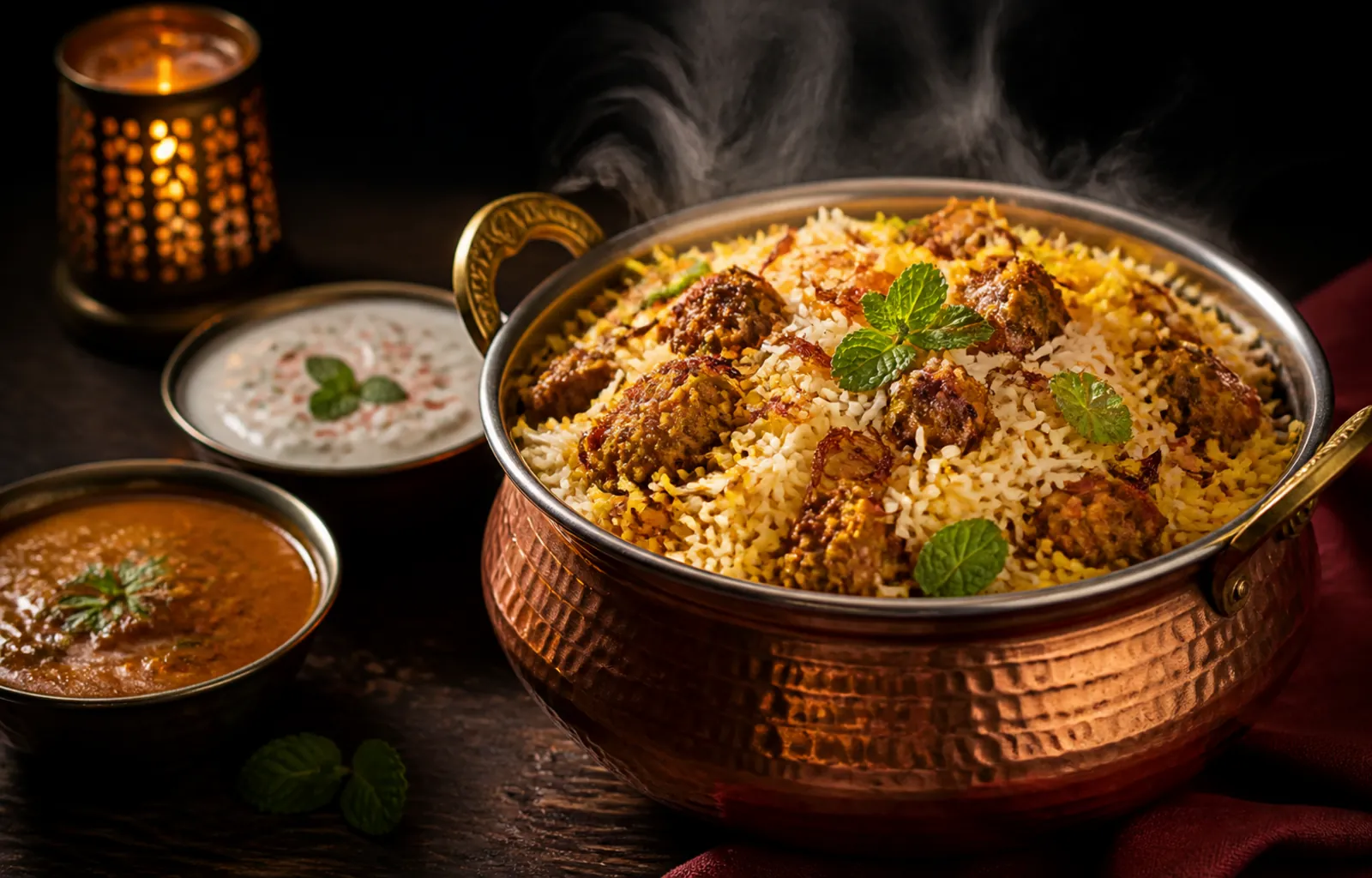 Dum biryani in a copper handi at Quater Club