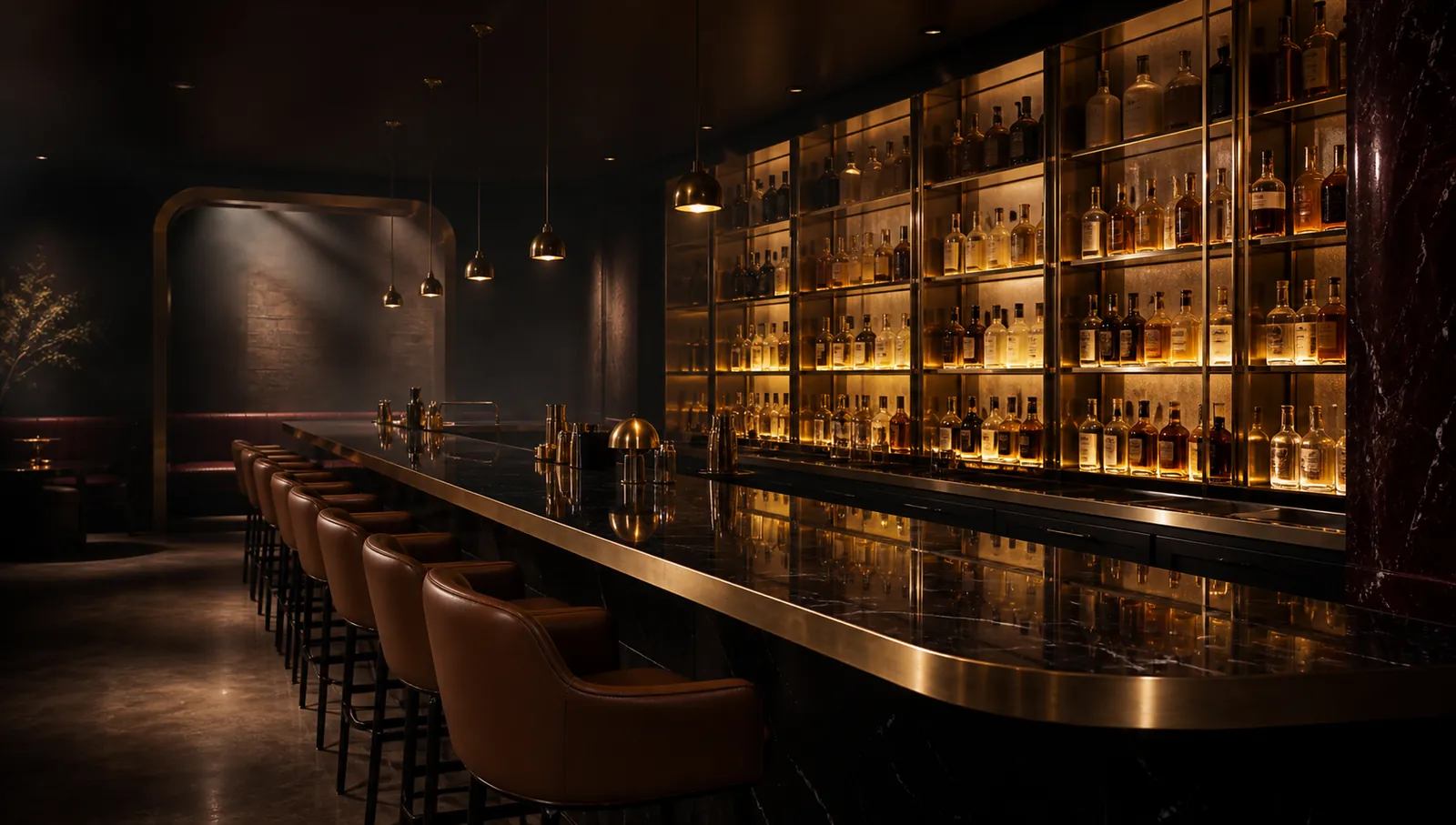 Backlit bottle wall at the Quater Club bar in Aligarh